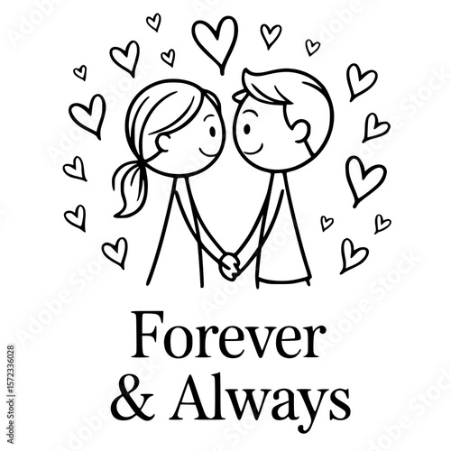 Eternal Bonds: A tender sketch illustrates the timeless essence of love and commitment, a couple gazing into each other's eyes, encircled by hearts, symbolizing 'Forever & Always.'
