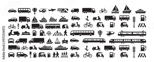 Solid Black Transportation Icon Set – Bold Silhouette Vehicle Collection for Navigation and Maps