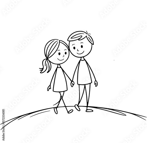 Couple Stroll in Bliss: A hand-drawn illustration captures a young couple strolling along, their hands clasped, depicting love and joy.