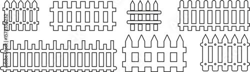 Wooden Fence line art Icon set. Classic Garden Fencing Symbol. Simple Fence cassic picket fence that embodies simplicity and security its clean line and rustic charm.collection of Garden fence wooden.