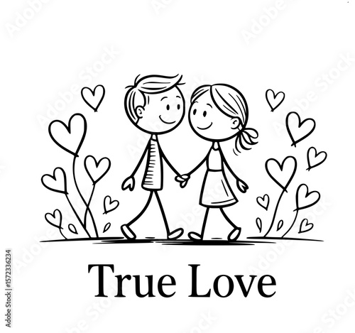 Hand in Hand: Two cartoon figures of different genders are holding hands walking with a trail of hearts. A symbol of a tender love and companionship in simplicity 
