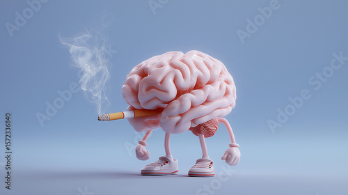 A cartoon human brain with legs and arms, smoking a cigarette