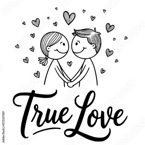 Hand-Drawn Romance: An endearing illustration depicts a couple's affectionate bond, radiating warmth and genuine affection, encircled by heartfelt symbols of love and unity.