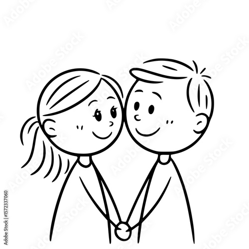 Hand-in-Hand Romance: A charming black and white line drawing captures the essence of love, showcasing a couple's intimate embrace, ideal for conveying themes of affection and partnership. 
