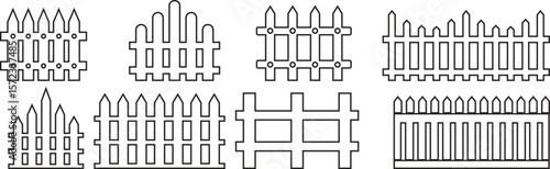 Wooden Fence line art Icon set. Classic Garden Fencing Symbol. Simple Fence cassic picket fence that embodies simplicity and security its clean line and rustic charm.collection of Garden fence wooden.