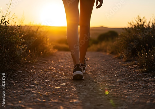 Fitness walk in golden hour: person's feet on a nature trail with beautiful light.

