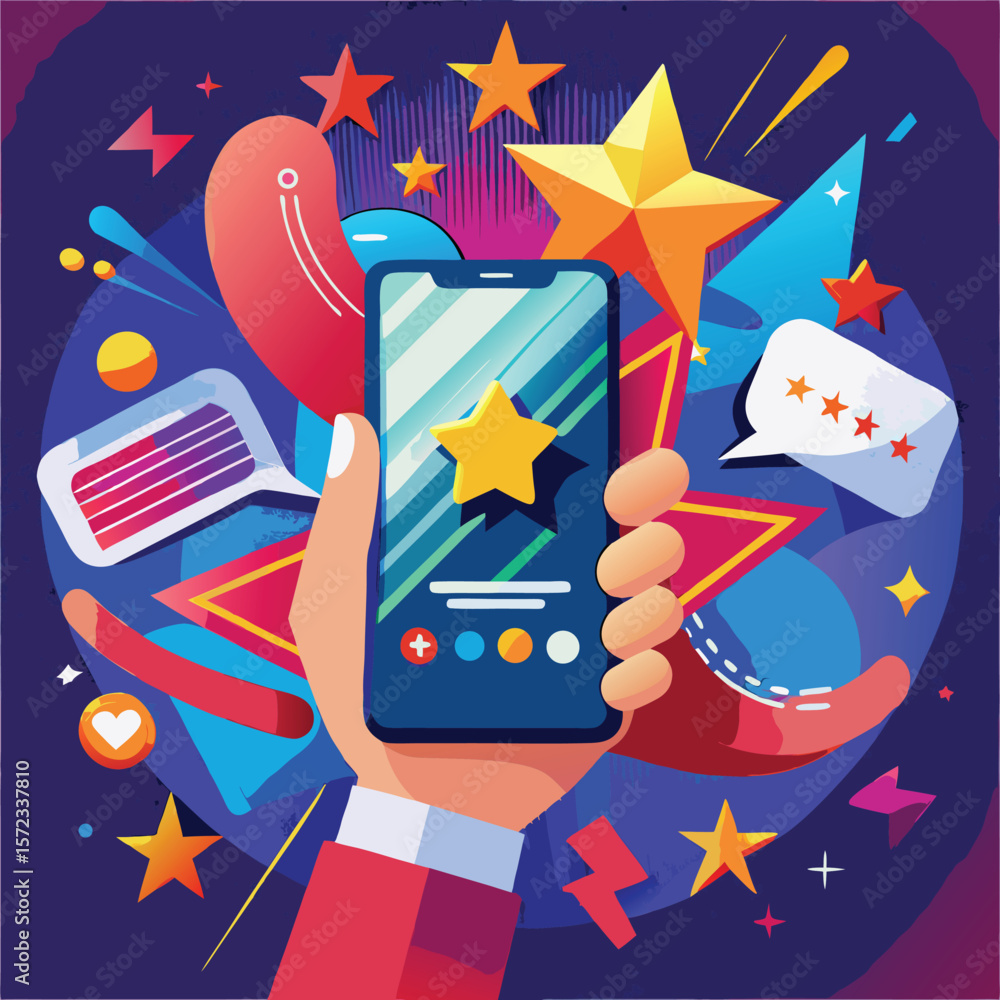 Hand holding smartphone displaying star rating and feedback with abstract shapes and stars silhouette Hand holding smartphone displaying star rating and feedback with abstract shapes and stars silhouette