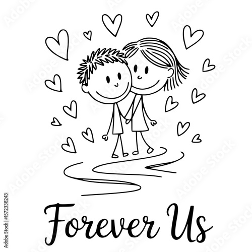 Forever Us: A heart-warming illustration capturing the essence of love and togetherness, featuring a couple entwined in an embrace, surrounded by hearts, and the promise of an eternal bond. 