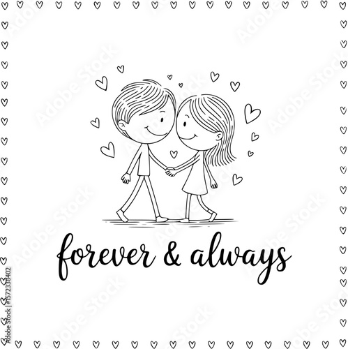 Forever & Always: A hand-drawn illustration, capturing a tender moment between two figures, surrounded by hearts, expressing everlasting love.