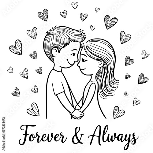 Eternal Bond: A romantic illustration depicts a loving couple, embracing against a backdrop of delicately drawn hearts, symbolizing a tender bond, complete with the message Forever & Always.