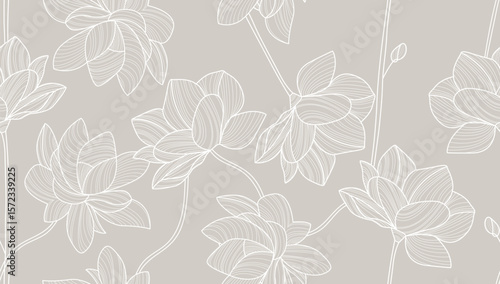 Floral Seamless Pattern Line Art Minimalist Style. Abstract Flowers Seamless Background. Hand Drawn Flower Motif Batik Design. Linear Flowers Silhouette Background Template. Vector illustration.