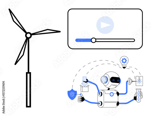 Wind turbine, robot multitasking with tech devices, and video player interface. Ideal for technology, renewable energy, automation, robotics, AI digital media and innovation. Simple flat metaphor