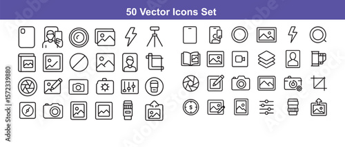 Set of 50 outline vector icons for photography and editing