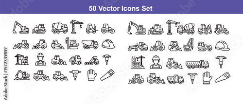 Construction equipment and tools: 50 outline vector icons set