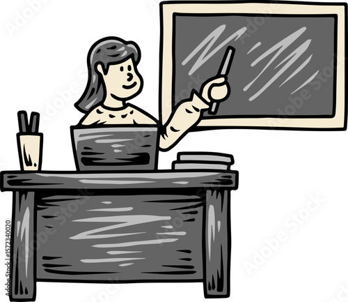 Teacher explaining lesson at blackboard in classroom illustration