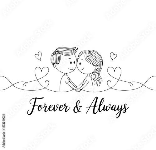 Forever & Always: A tender depiction of a couple, their love story interwoven with hearts and the promise of Forever & Always, illustrating the enduring bond of romance and devotion.
