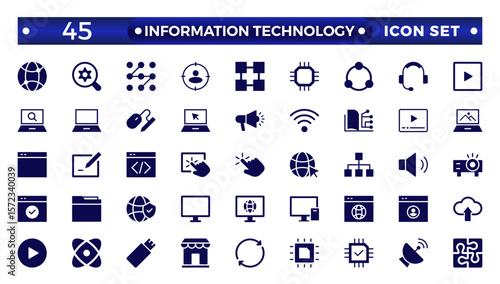 Information technology solid icons set. Information Technology solid icon collection. Programming, Network, Website, Process, Internet, Data, Technology symbol.
