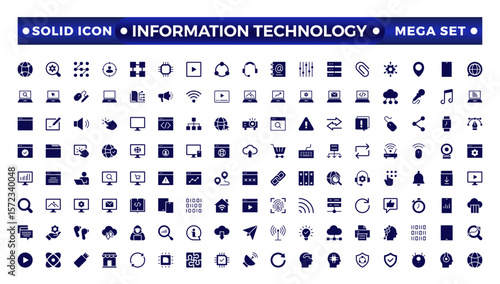 Information technology solid icons set. Information Technology solid icon collection. Programming, Network, Website, Process, Internet, Data, Technology symbol.
