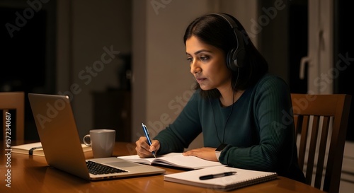 A focused Indian woman wearing headphones takes notes while participating in an online course or webinar on her laptop. She is studying diligently at her dining table late at nigh