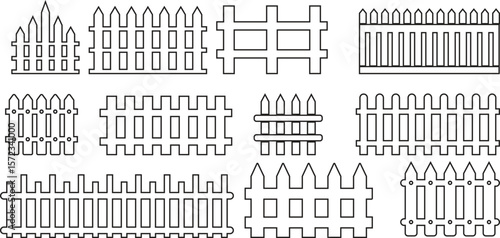 Wooden Fence line art Icon set. Classic Garden Fencing Symbol. Simple Fence cassic picket fence that embodies simplicity and security its clean line and rustic charm.collection of Garden fence wooden.