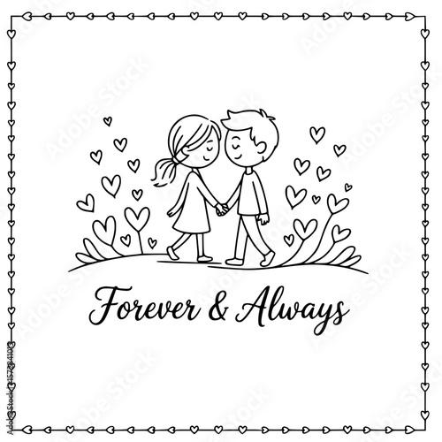 Forever and Always: A heartwarming illustrated scene, captured in an artistic and clean line style. showcasing the enduring power of love and connection