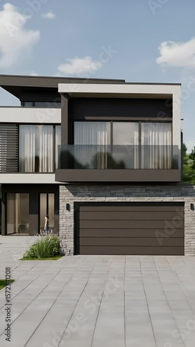 Realistic Two Story House with Modern Exterior Stone Facade