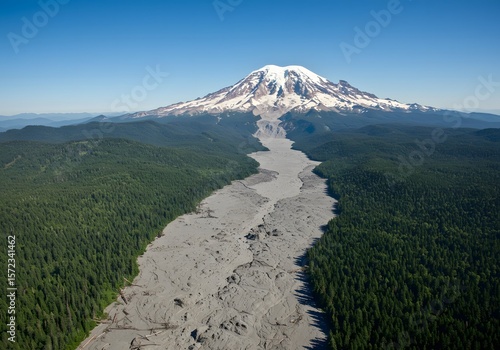 An aerial view showing the destructive path of a lahar or mudflow descending from a snow-capped volcano. The gray debris field cuts a wide scar through the dense green forest