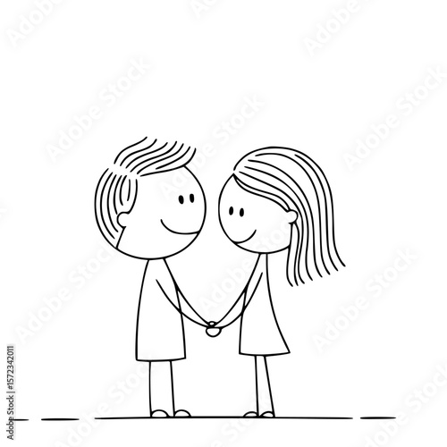 Couple in Love: A charming stick figure illustration depicts a loving couple, holding hands and gazing into each other's eyes, representing pure connection, unity, and the blossoming of affection. 