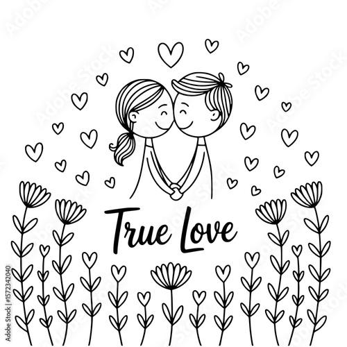 Embrace of True Love: Two figures, hand in hand amidst blooming flowers and fluttering hearts, illustrate a timeless expression of affection and commitment.