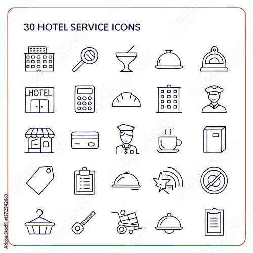 Outline icons depicting various hotel services including dining lodging and guest assistance facilities shown