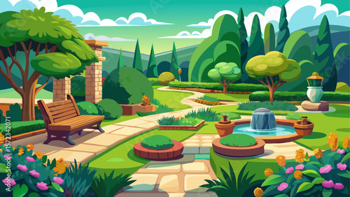 Creative landscape design options for a lush green garden or backyard, featuring manicured lawns, decorative plants, stone pathways, and cozy seating areas. Perfect for outdoor relaxatio