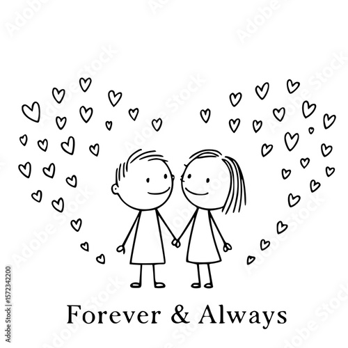 Forever & Always: An endearing drawing of two stick figures holding hands within a heart shaped, symbolizing everlasting love, unity, and connection. 