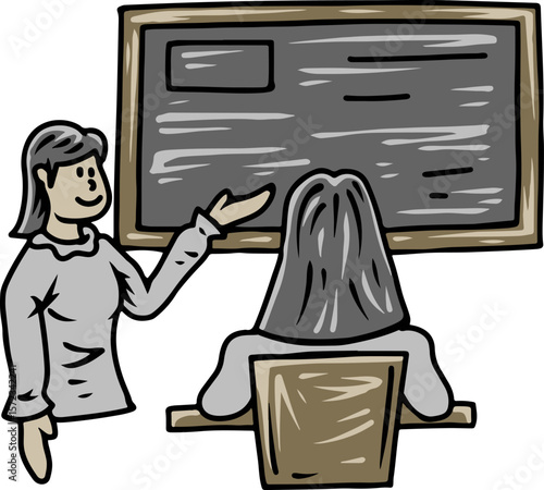 Teacher explaining lesson to student at blackboard illustration