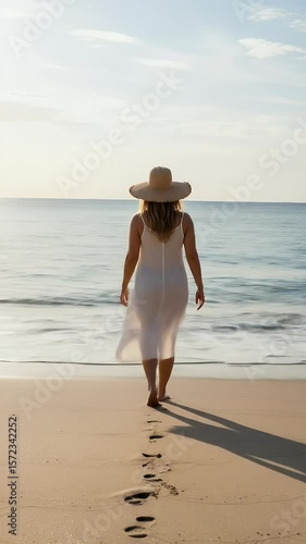 Realistic Woman Walking Sandy Beach toward Sea in White Dress