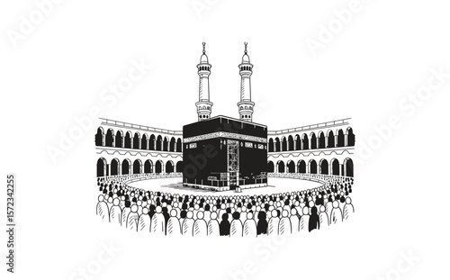 Simple Black and White Drawing of Kaaba in Mecca, Minimalistic Ink Sketch