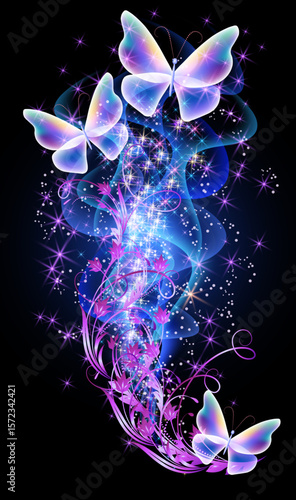 Fantastic butterflies and magical curving transparent smoke waves with glowing stars on night dark background