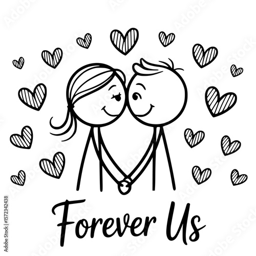 Forever Us: An endearing display of lifelong love, featuring a connected stick figure couple, embraced by floating heart motifs, captures the timeless vow of togetherness.