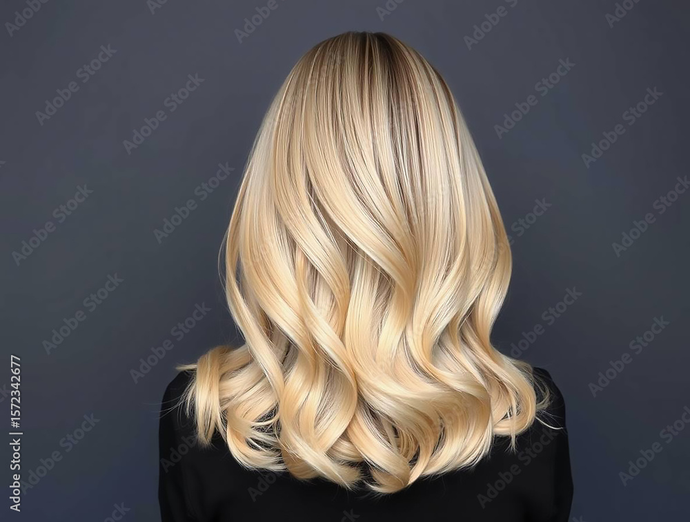 Naklejka premium Ai generated image of a womans blonde wavy hair is styled beautifully, creating a fashionable and elegant look from the back