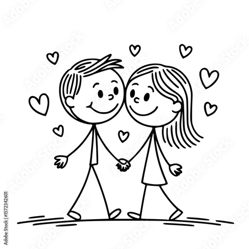 Enamored Couple's Stroll: Hand-in-hand, a loving couple strolls amidst a flutter of hearts, embodying the essence of love, affection, and togetherness.