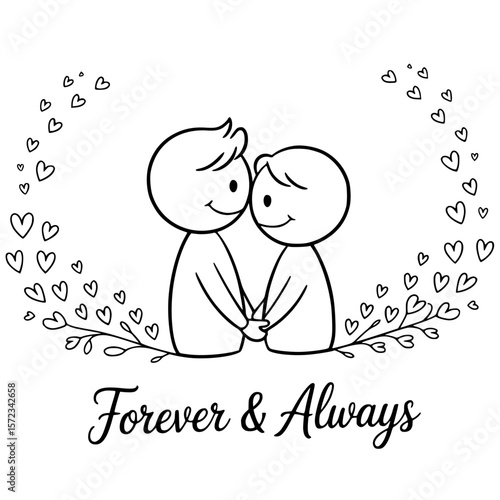 Eternal Union: A tender embrace between two figures, encircled by a delicate wreath of hearts and vines, symbolizes an everlasting bond and the promise of Forever & Always.