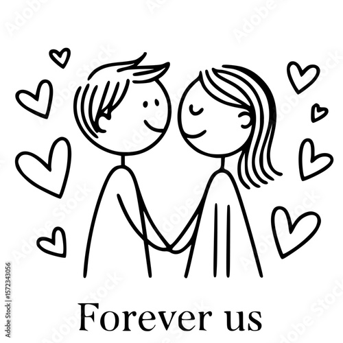 Forever Us: A minimalist illustration depicts the pure bond of two stick figures, holding hands amidst a flurry of loving hearts, conveying a message of eternal unity.