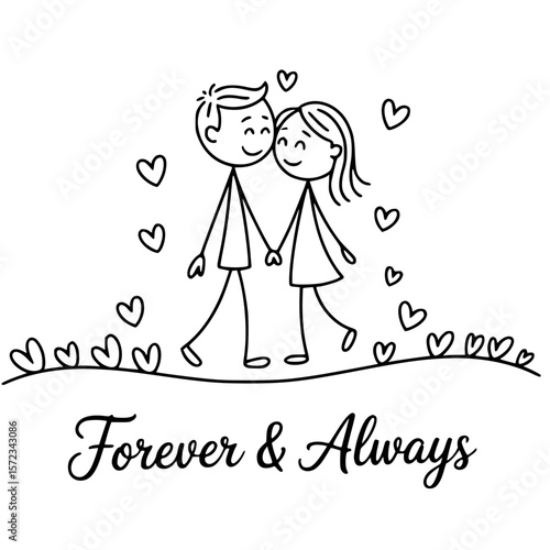 Eternal Bond: Charming line art illustrates a loving couple strolling together amidst a scattering of hearts, embodying the timeless sentiments of Forever & Always .