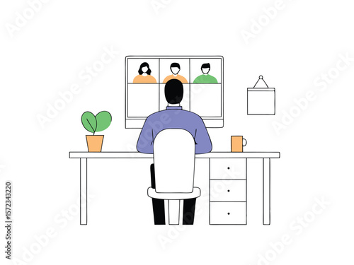 A person engaging in a video conference meeting with colleagues on a computer screen.
