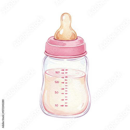 Nourishing Beginnings: Watercolor rendering of a pristine baby bottle filled with milk, embodying care and nurturing. Perfect for conveying themes of infancy and parenthood.