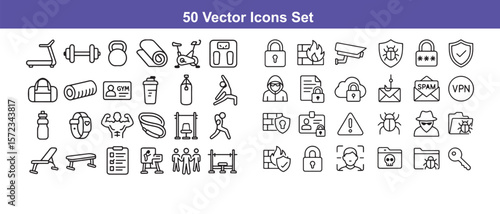 Vector Icons Set: Fitness and Cybersecurity