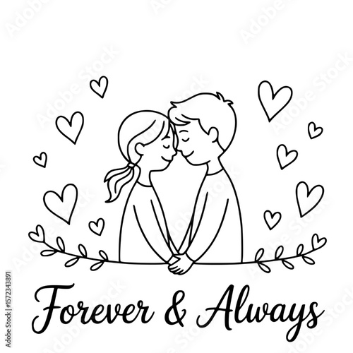 Eternal Devotion: An illustration depicts a couple in a loving embrace, surrounded by delicate heart symbols, embodying eternal love and the promise of Forever & Always.