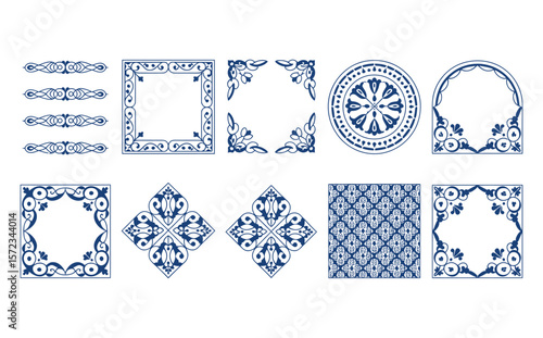 Vector tiles patterns seamless flourish backgrounds with blue flourish elements arabic decorative design for floor or wall square symmetrical ornament azulejos oriental illustration
