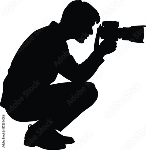 Vector art of a photographer is squatting while taking a picture with his professional camera