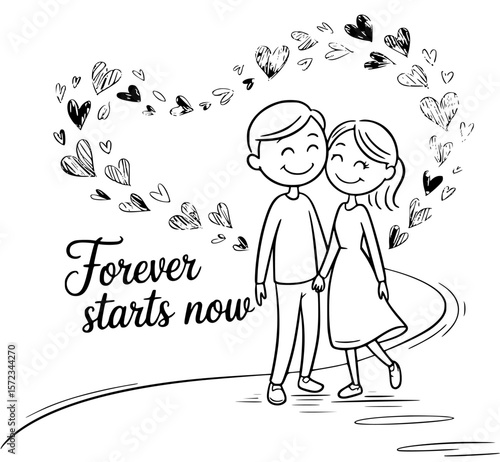 Eternal Journey: A tender monochrome illustration depicts a couple walking a path of love, hearts gently float around them, and the inscription 'Forever starts now.