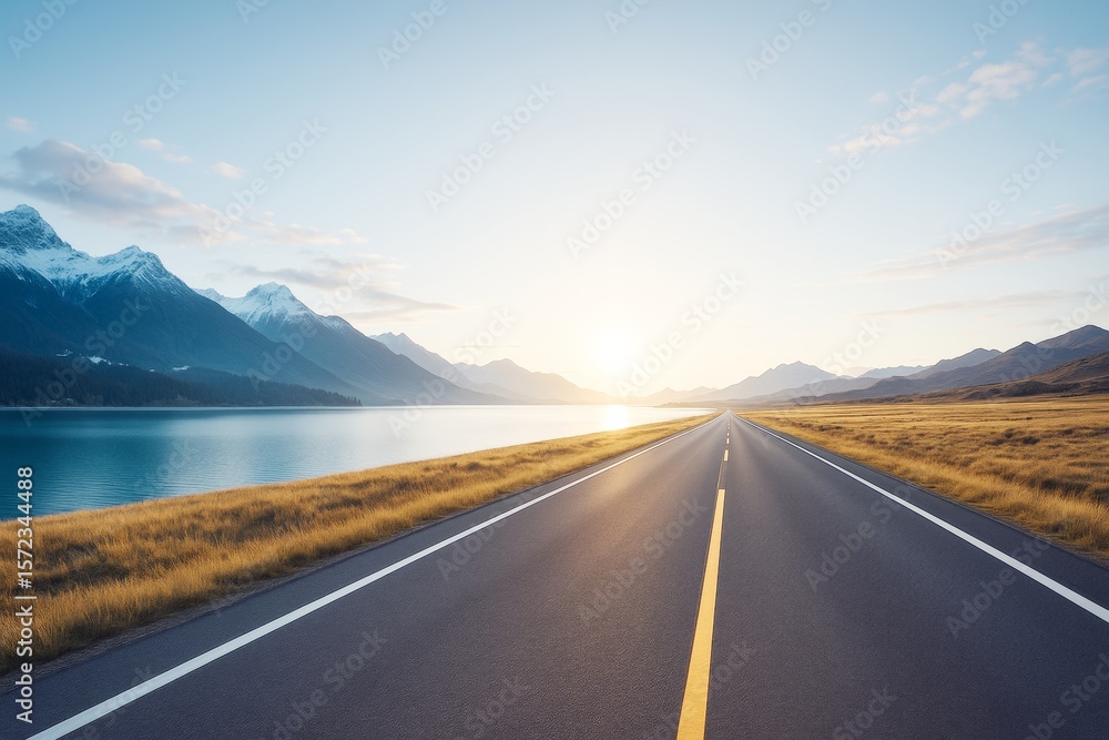 Naklejka premium Scenic open road leading toward sunrise with mountain and lake background, clear sky and soft light, symbolizing freedom and transport concept.